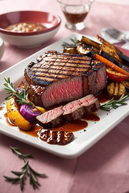 a plate of steak with vegetables and a knife on it