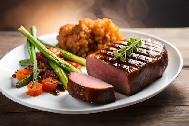 a plate of steak with vegetables and a side of beans.