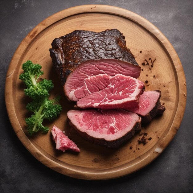 a plate of steaks and broccoli on a table