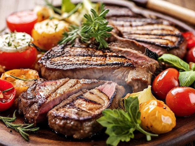 a plate of steaks tomatoes and lemons are on a table