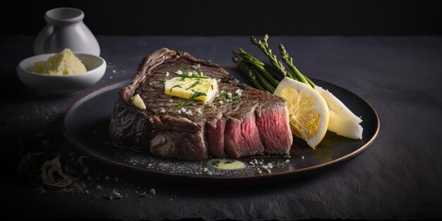 A plate of steaks with asparagus and asparagus