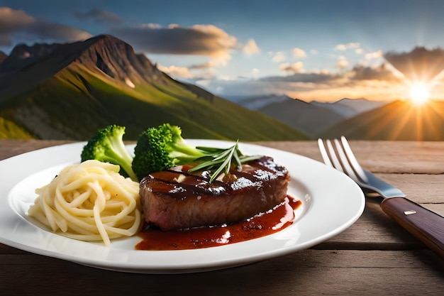 A plate of steaks with broccoli and noodles on a table