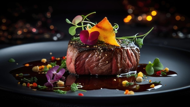 Photo a plate of steaks with a dark background