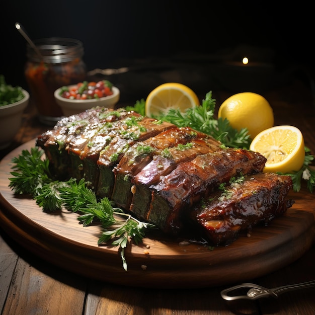 a plate of steaks with lemon and lemon on it