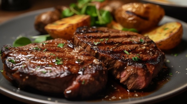 A plate of steaks with potatoes on it