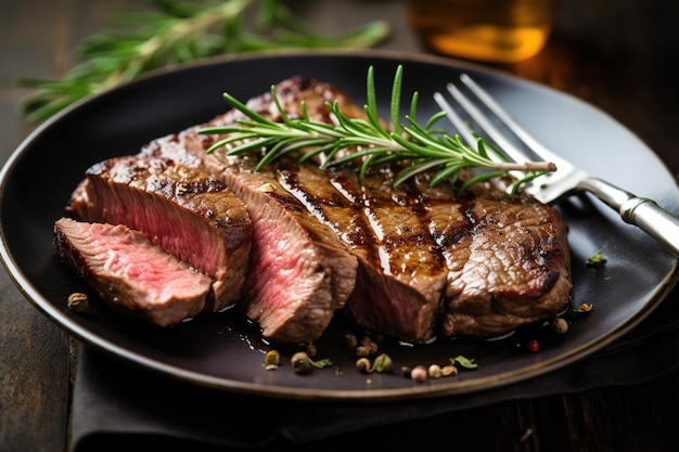 A plate of steaks with rosemary on it