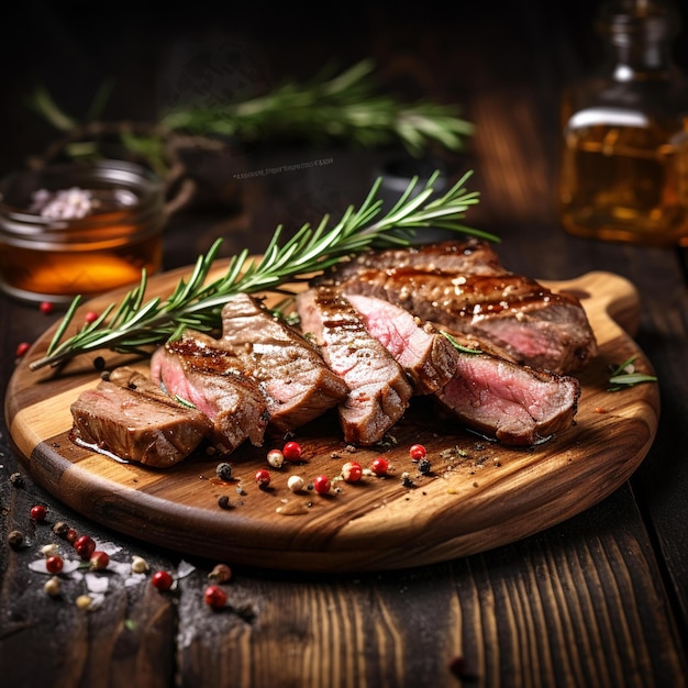 A plate of steaks with spices and herbs on a wooden table