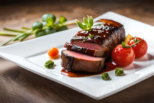 a plate of steaks with a tomato and a tomato on it