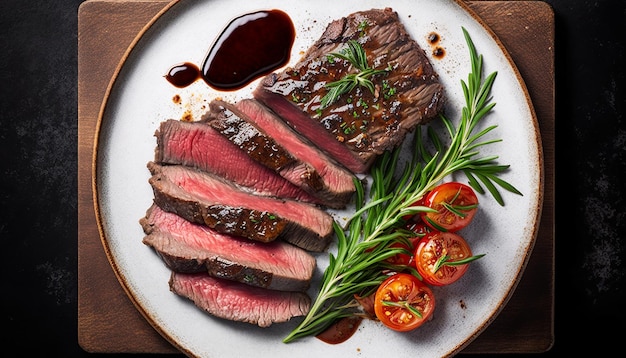 A plate of steaks with tomatoes and herbs on the side