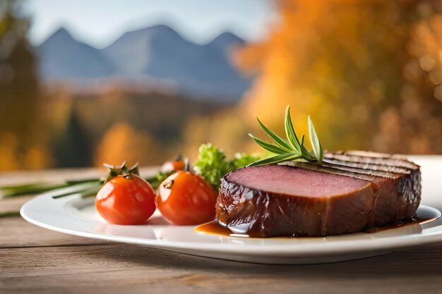 Foto un piatto di bistecche con pomodori e una montagna sullo sfondo.