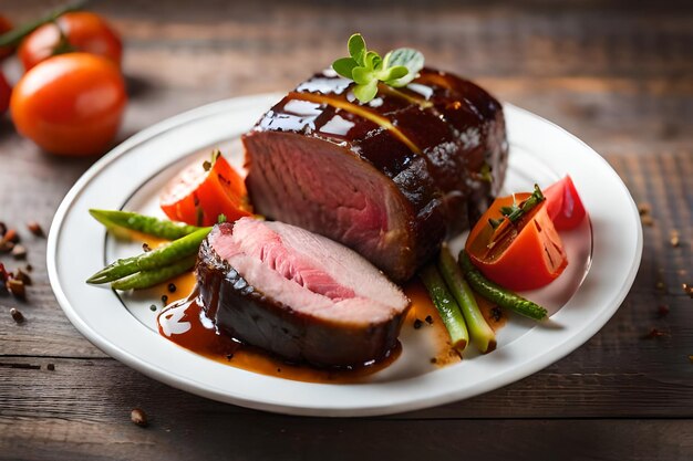 a plate of steaks with vegetables and a carrot on the top.