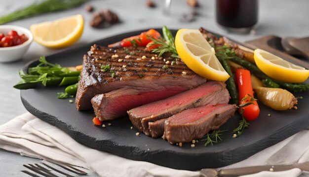 a plate of steaks with vegetables and a drink