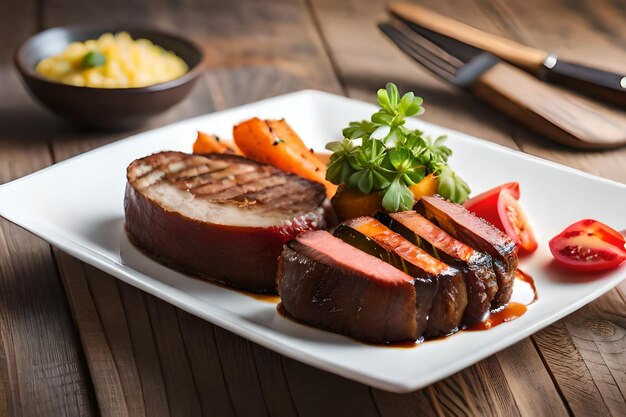 a plate of steaks with vegetables and a fork on the table