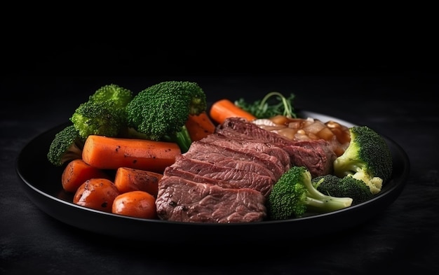 Photo a plate of steaks with vegetables and meat on a dark background.