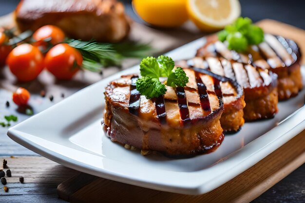 Foto un piatto di bistecche con verdure e carne sopra