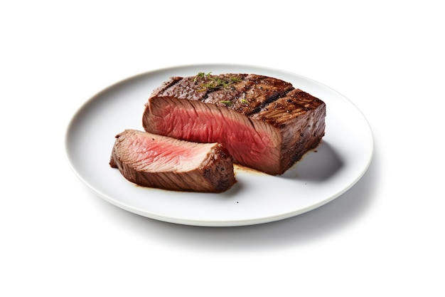 A plate of steaks with the word steak on it