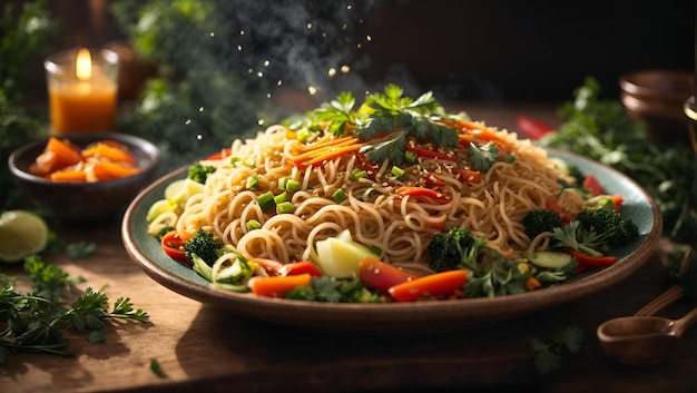 A plate of steaming asian noodles garnished with a vibrant mix of vegetables and herbs