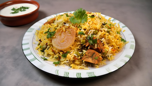 A plate of steaming biryani garnished with fresh coriander and served with raita