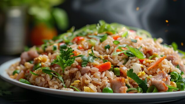 A plate of steaming hot pork fried rice garnished with fresh vegetables and herbs inviting diners to savor the savory flavors of this classic dish