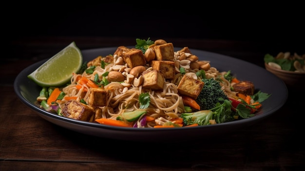 A plate of stir fried noodles with a lime wedge on the side