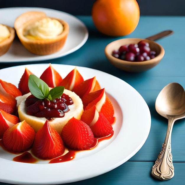 A plate of strawberries and a cup of cream with a leaf on it