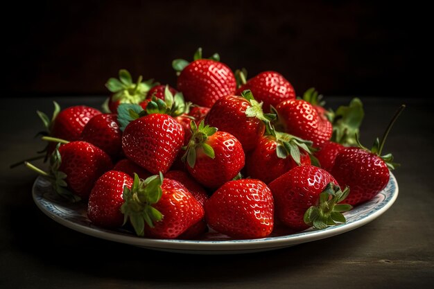 A plate of strawberries on a dark background