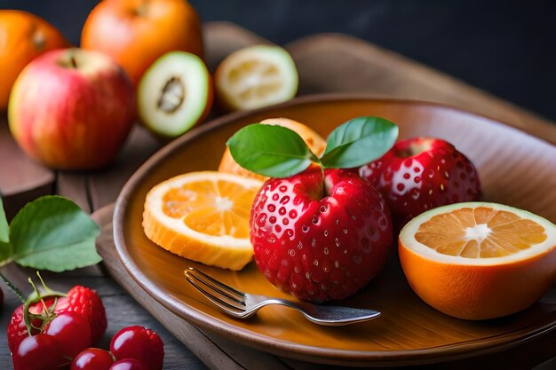 a plate of strawberries, strawberries, and oranges