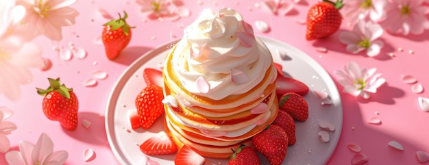 Plate of Strawberries and Whipped Cream on Pink Background