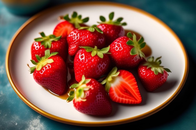 A plate of strawberries with the word  on it