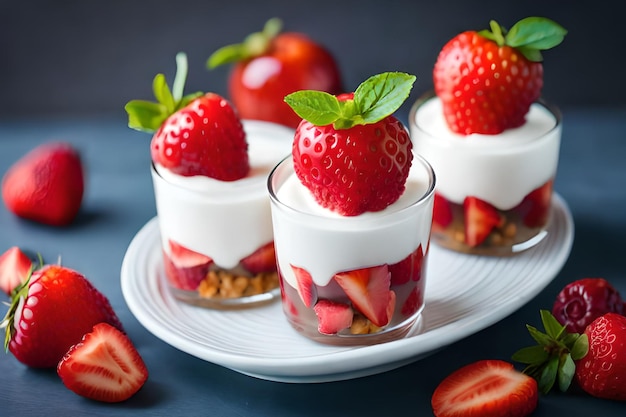 A plate of strawberry cheesecake with a few pieces of strawberries on top