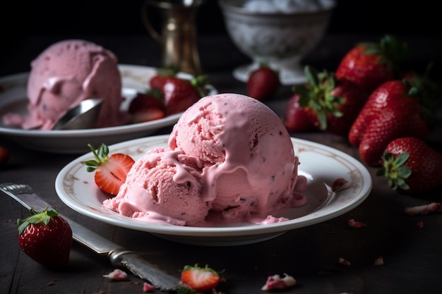 A plate of strawberry ice cream with a bowl of strawberries on the side.