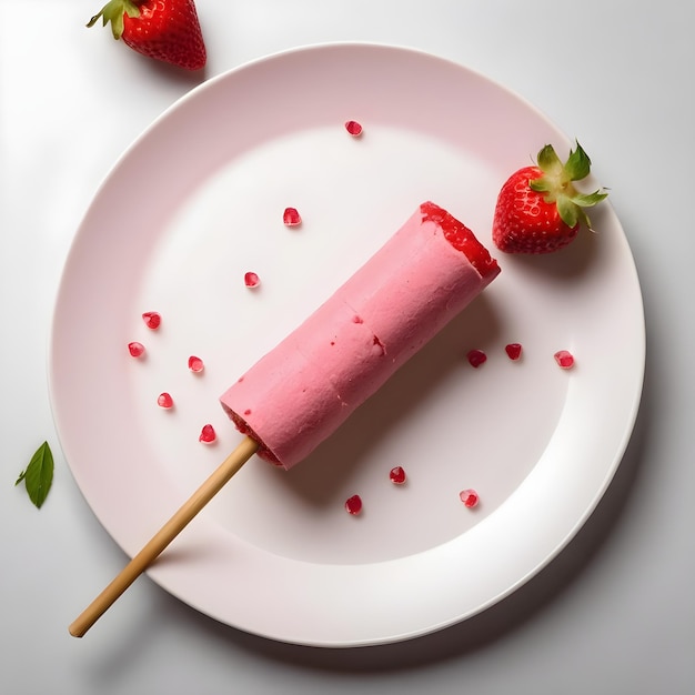 A plate of Strawberry Kulfi with Strawberry pieces on it