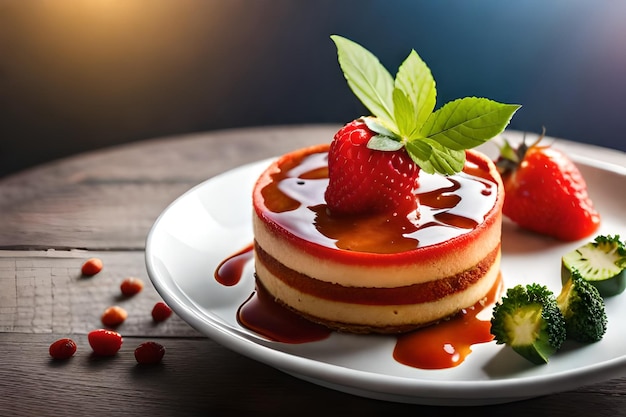 A plate of strawberry mousse cake with a strawberry on top