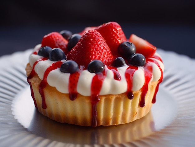 A plate of strawberry shortcake with blueberries and strawberries