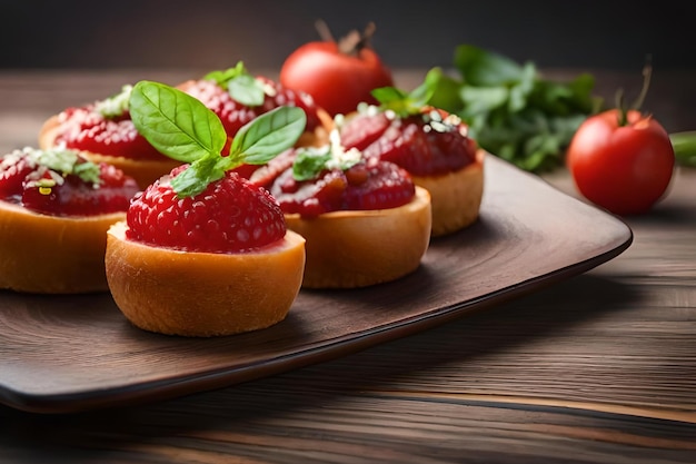 A plate of strawberry tarts with basil on the side