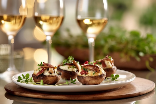 A plate of stuffed mushrooms with a glass of white wine