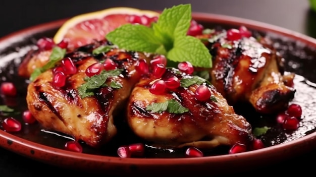 A plate of succulent grilled quail with a pomegranate glaze and a garnish of mint