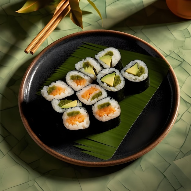 A plate of sushi and avocado on a green leaf.