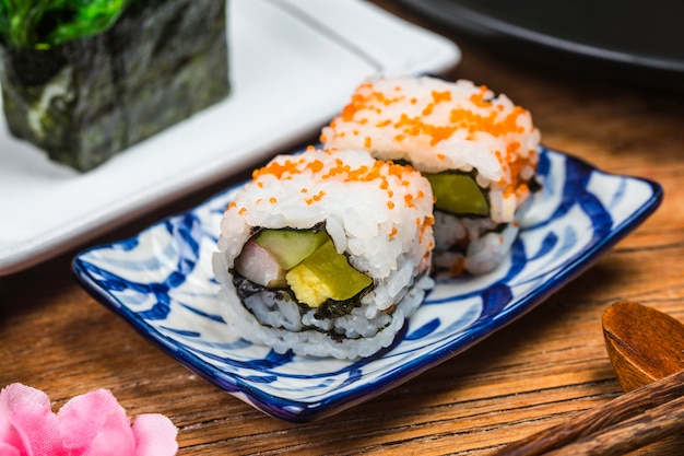 A plate of sushi on the board, Japanese food