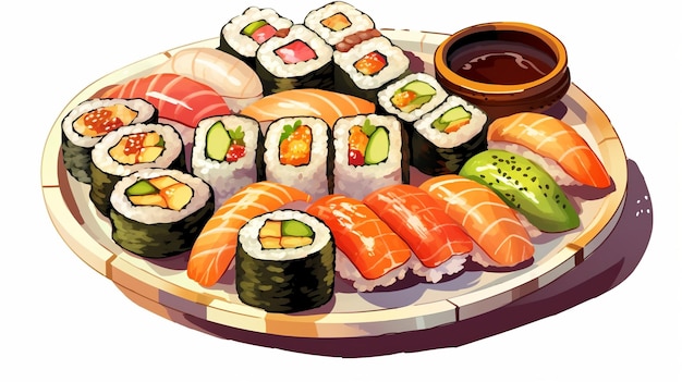 Photo a plate of sushi cartoon detailed clip art white background generative ai