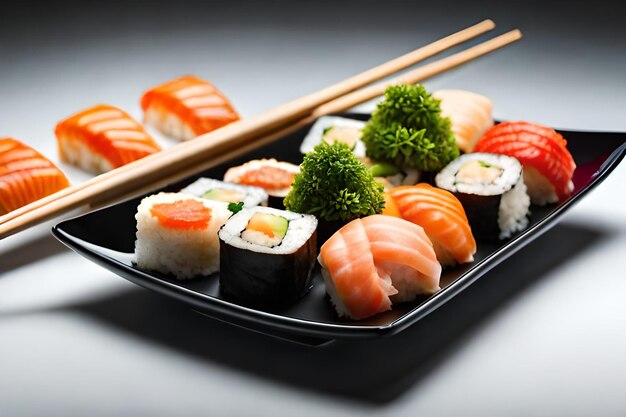A plate of sushi and chopsticks with a green vegetable on it.