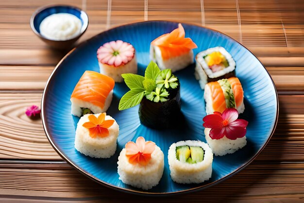 A plate of sushi and a cup of soy sauce are on a bamboo mat.