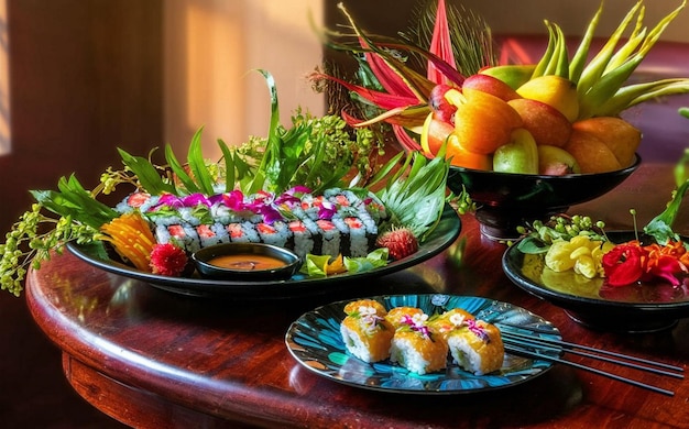 a plate of sushi and fruit on a table