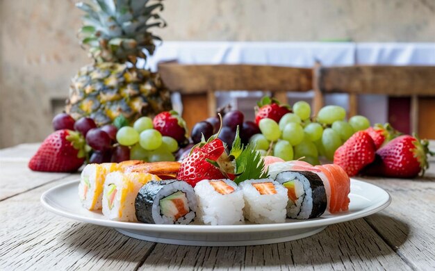 a plate of sushi and fruit on a table