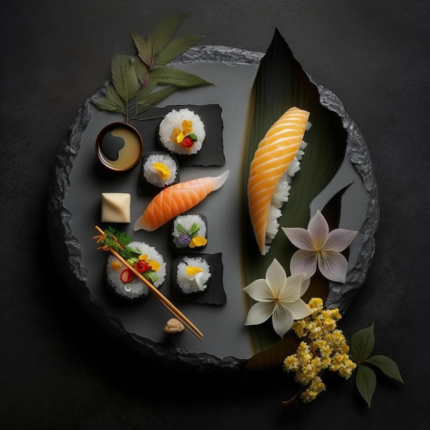 A plate of sushi and other food including a flower.