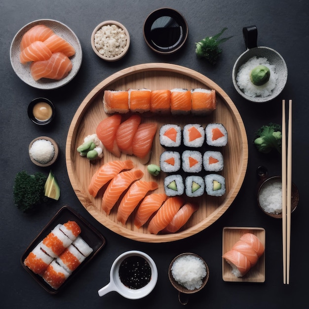 A plate of sushi and other food including salmon and sushi.