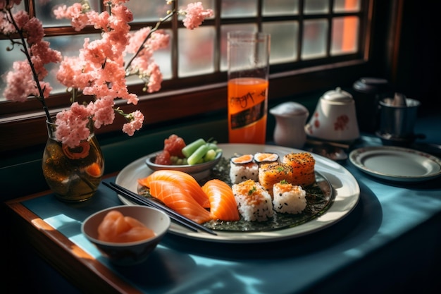 窓の隣のテーブルに置かれた寿司やその他の食べ物の皿