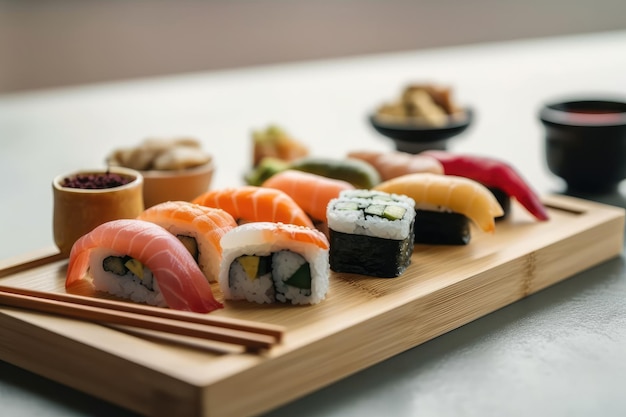 A plate of sushi and other food on a table