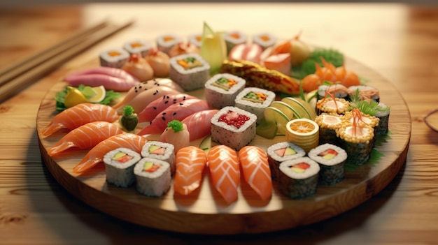 A plate of sushi and other foods including sushi