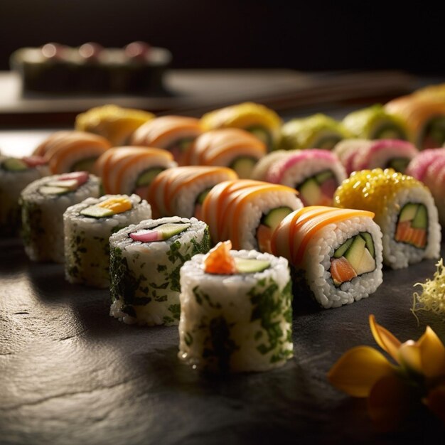 A plate of sushi and other sushi on a table